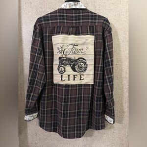 Plaid Button Down Shirt with Tractor Graphic